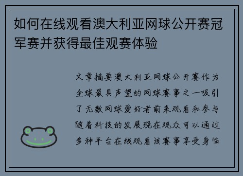 如何在线观看澳大利亚网球公开赛冠军赛并获得最佳观赛体验
